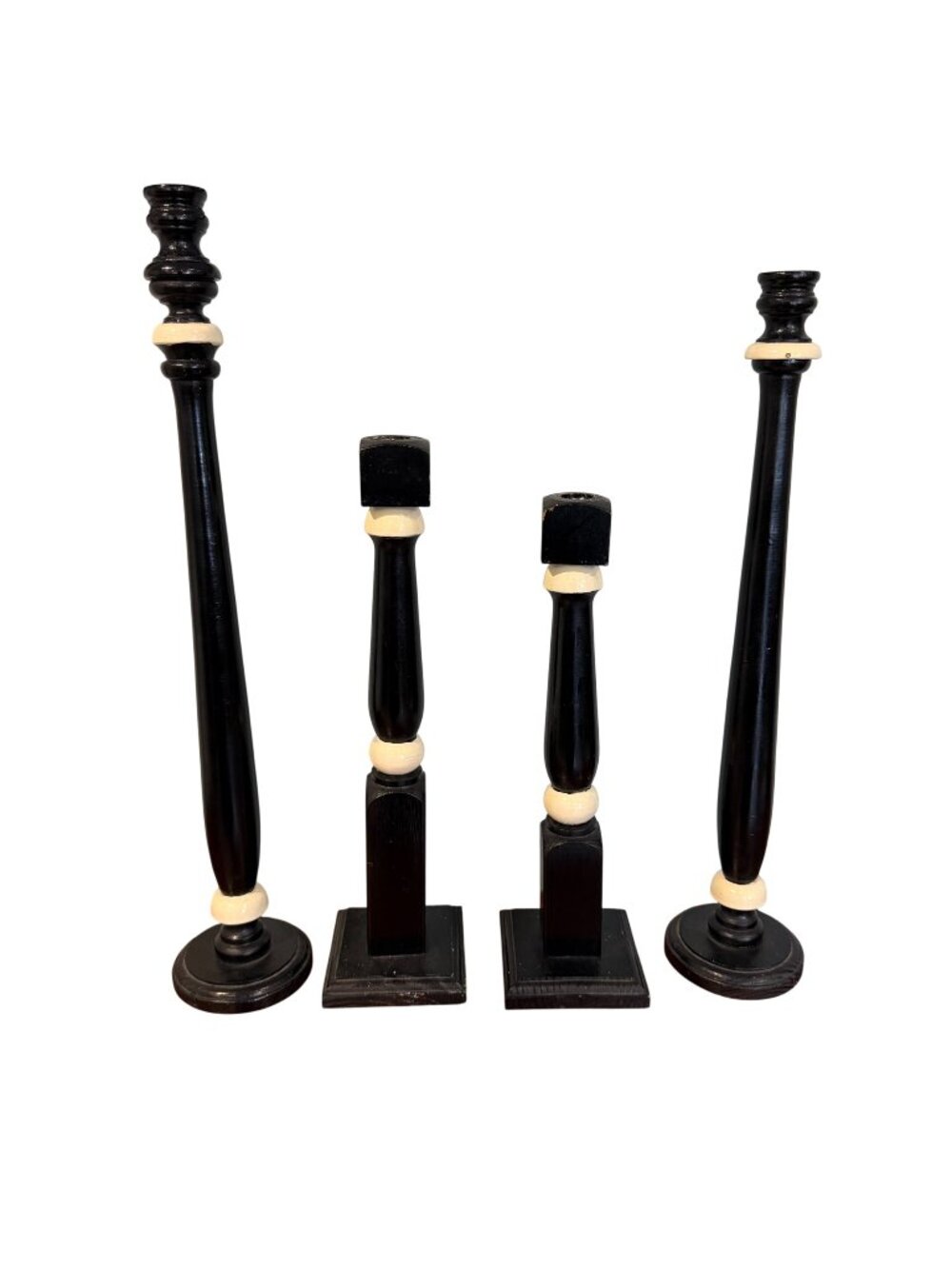 Wooden Tall Candle Holders Set Of 4 Black Cream Taper Handcrafted Rustic Decor